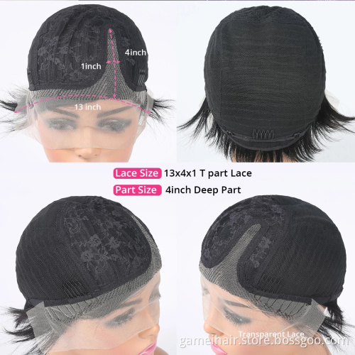 Short Bob  Pixie Cut Wig Straight Human Hair T Part Transparent Lace Wig Side Part Wig For Women Preplucked Hairline